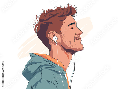 white background, Listening to calming music or nature sounds to relax before bedtime - isolate the man against a background of headphones and relaxing music., very simple and isolate in the style art