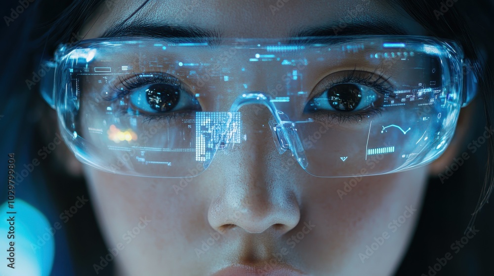 A close-up of a person face, with augmented reality glasses overlaying digital information onto their view, merging reality with technology. A close-up of a person face, with augmented reality glasses overlaying digital information onto their view, merging reality with technology.