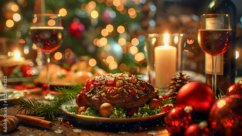 Christmas Dinner table full of dishes with food and snacks, New Year's decor with a Christmas tree on the background Christmas Dinner table full of dishes with food and snacks, New Year's decor with a Christmas tree on the background
