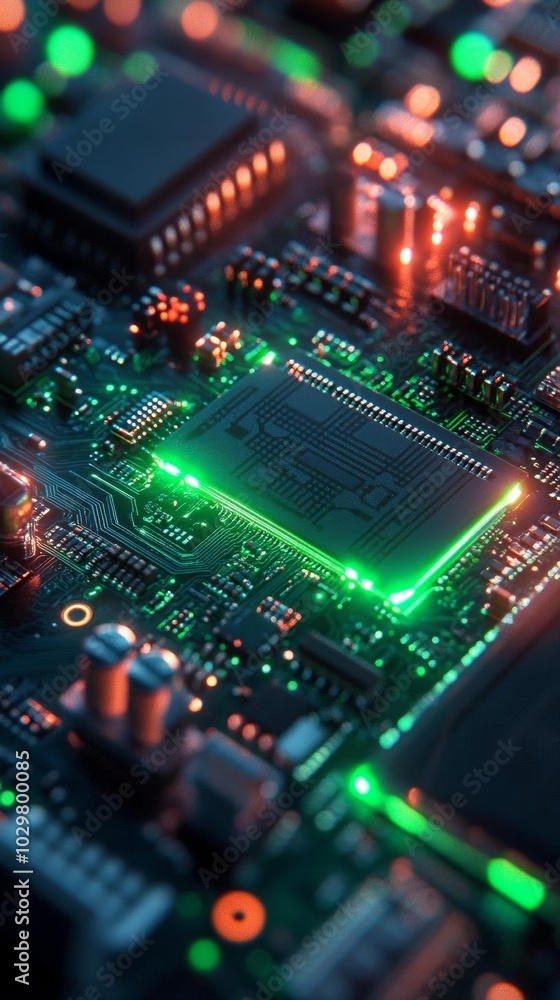 Close-up of circuit board with glowing lights.