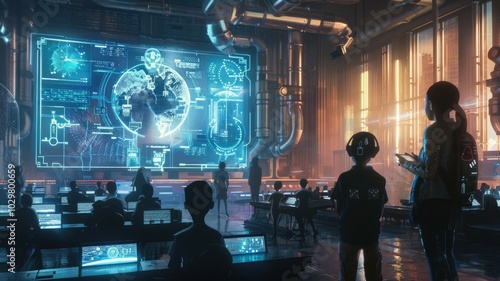 A futuristic classroom where a human teacher and AI assistant engage with students. Equipped with interactive holograms and advanced learning tools, the AI assistant hovers beside the teacher, helping