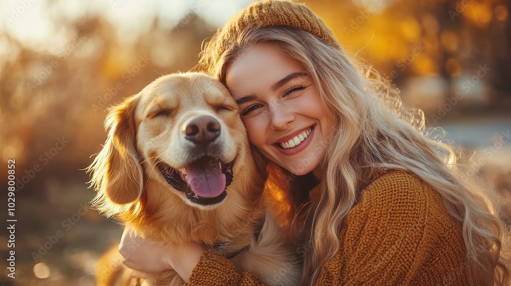 Experience the joy of a woman and her dog in a vibrant fall park, radiating love and happiness in natures embrace. Experience the joy of a woman and her dog in a vibrant fall park, radiating love and happiness in natures embrace.