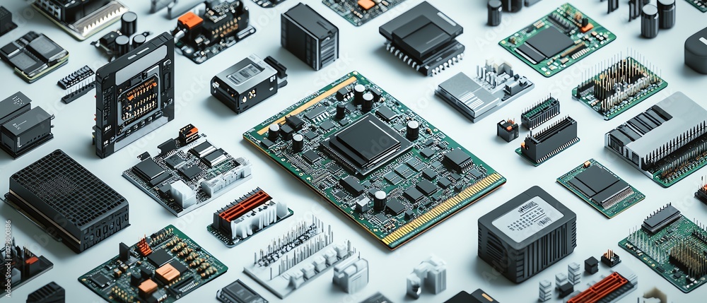Naklejka premium A sleek isometric display of modern processors, showcasing microchips and motherboard components in a visually appealing arrangement on a white background