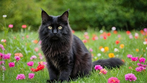 Black maine coon cat in flower field