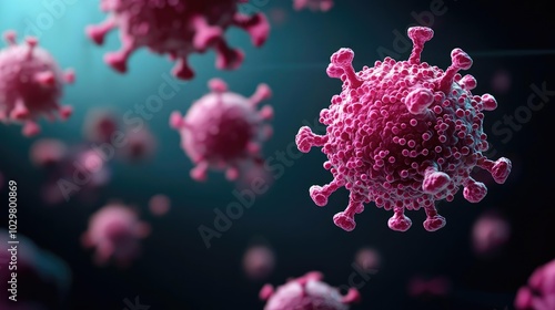 Microscopic view of a virus, vivid details on a dark background.