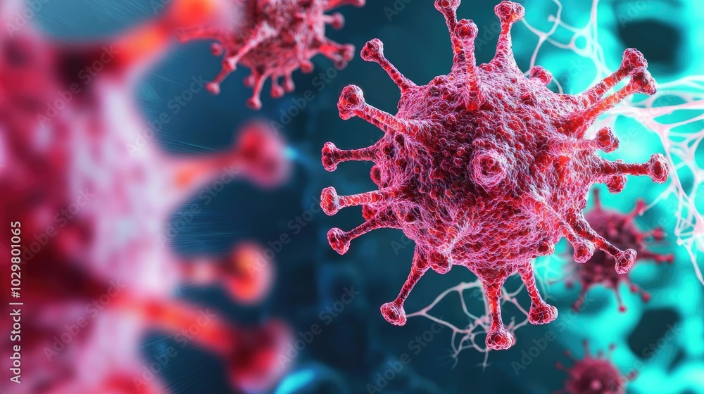 Microbial structure showcasing virus under microscopic view, vivid details present. Microbial structure showcasing virus under microscopic view, vivid details present.