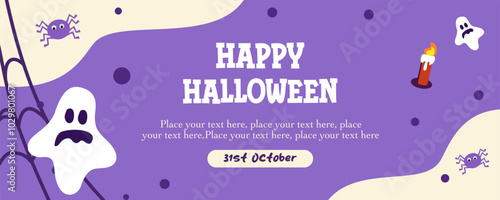 Horizontal Happy Halloween  with Holiday calligraphy, ghost, candle, spider and purple background for greeting sale banner, card, party invitation, advertising, web, social media, poster and flyer photo