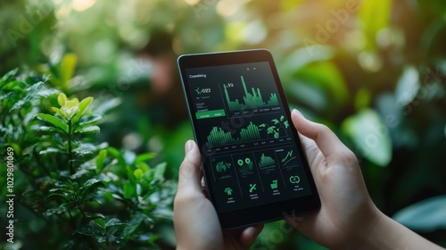 Wallpaper Mural A close-up of hands holding a digital device displaying a carbon footprint tracker, with numbers and graphs showing progress toward sustainability goals. Torontodigital.ca