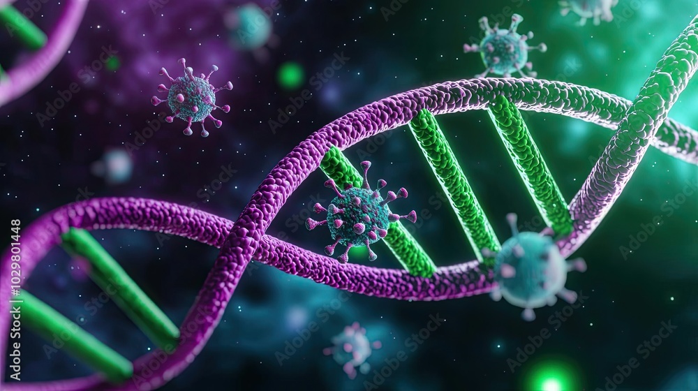 Abstract representation of DNA and virus, colorful digital illustration. Abstract representation of DNA and virus, colorful digital illustration.
