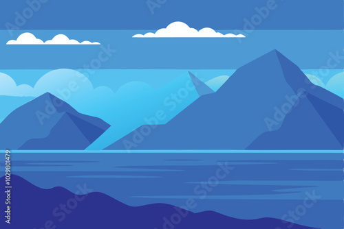 Blue sea water and mountains vector background