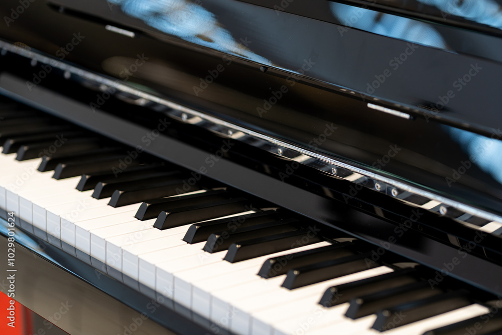 Black and white keys on an electronic piano. Piano keys closeup. Classic piano keyboard. Black and white keys on an electronic piano. Piano keys closeup. Classic piano keyboard.