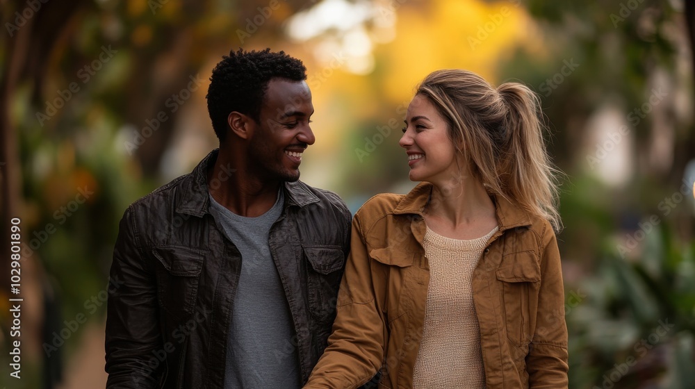 A couple from different ethnic backgrounds holding hands on a walk through an urban park, capturing their connection in a candid shot.
