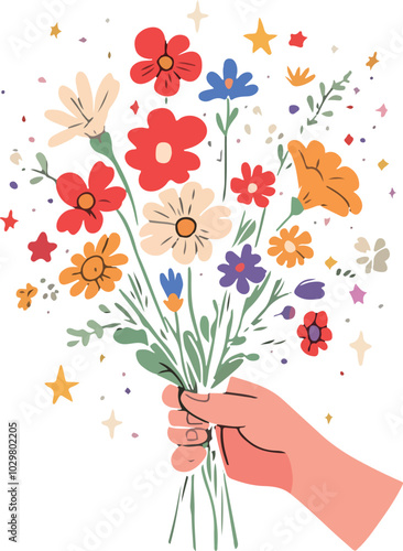 Hand holding colorful flower bouquet