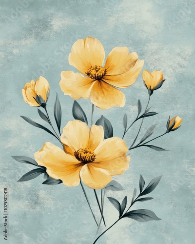 Vintage Inspired Floral Illustration on Soft Blue Background
