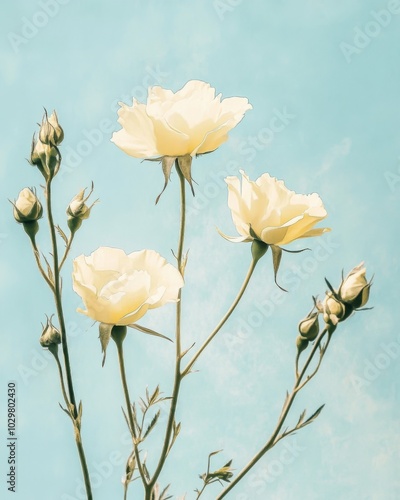 Vintage Inspired Floral Illustration on Soft Blue Background