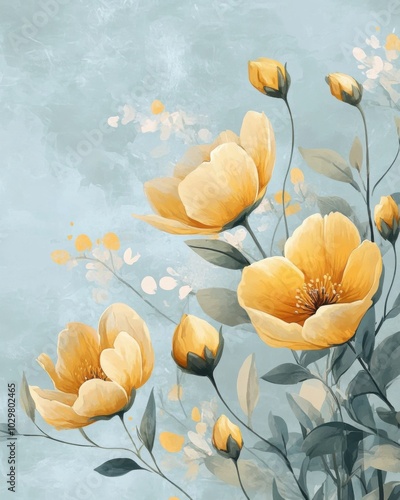 Vintage Inspired Floral Illustration on Soft Blue Background