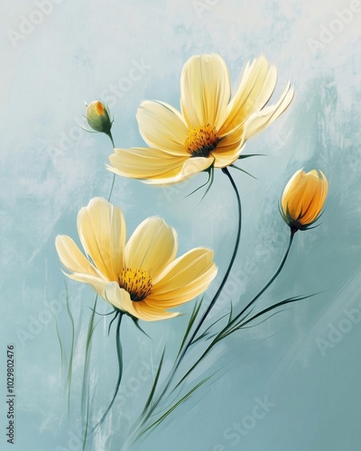 Vintage Inspired Floral Illustration on Soft Blue Background