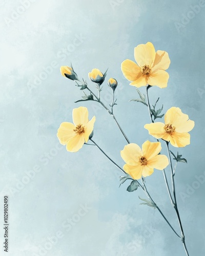 Vintage Inspired Floral Illustration on Soft Blue Background