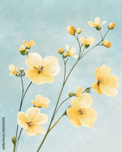 Vintage Inspired Floral Illustration on Soft Blue Background