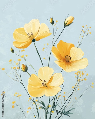 Vintage Inspired Floral Illustration on Soft Blue Background