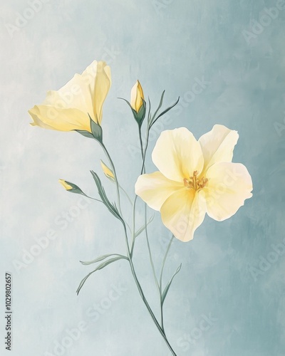 Vintage Inspired Floral Illustration on Soft Blue Background