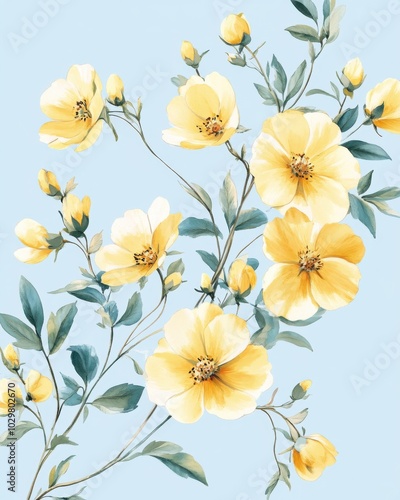 Vintage Inspired Floral Illustration on Soft Blue Background