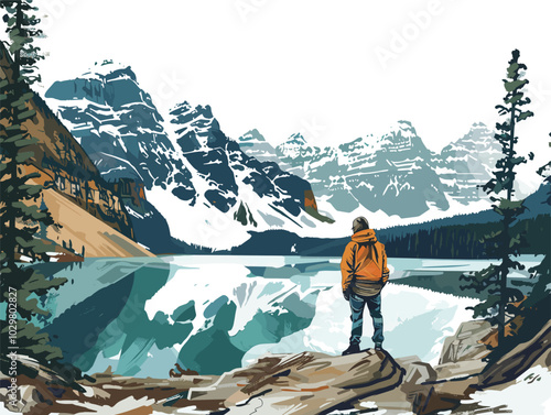 white background, Man marveling at the beauty of Banff National Park in Canada, very simple and isolate in the style of animated illustrations, white background