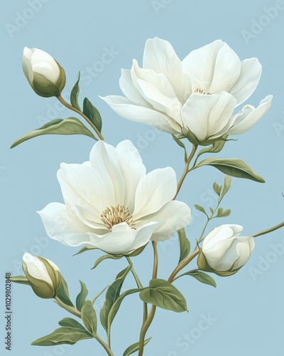 Vintage Inspired Floral Illustration on Soft Blue Background