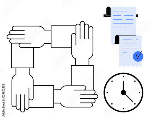 Four hands form a square, symbolizing teamwork. Accompanying are two documents with check marks and a clock. Ideal for business cooperation, time management, project planning, deadlines