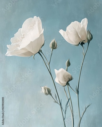 Vintage Inspired Floral Illustration on Soft Blue Background