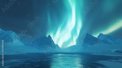 Northern Lights Aurora over snowy mountains.