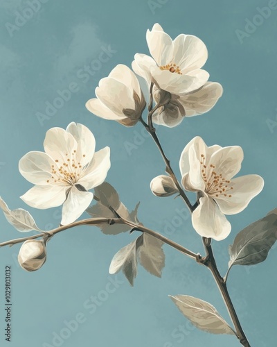 Vintage Inspired Floral Illustration on Soft Blue Background