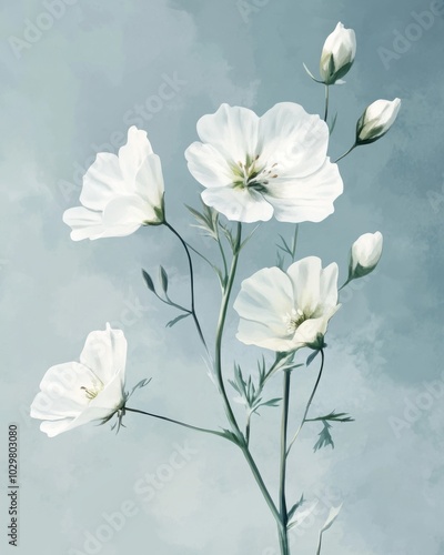 Vintage Inspired Floral Illustration on Soft Blue Background