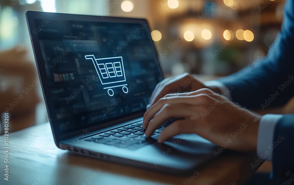A businessman using a sleek laptop with a virtual screen displaying an online shopping cart icon, showcasing a seamless online shopping experience A businessman using a sleek laptop with a virtual screen displaying an online shopping cart icon, showcasing a seamless online shopping experience