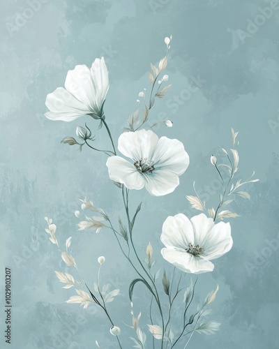 Vintage Inspired Floral Illustration on Soft Blue Background