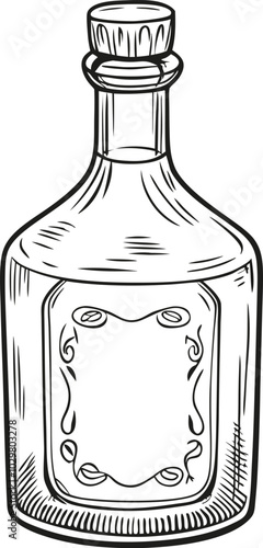 Vintage Glass Bottle Sketch with Blank Label - Hand-Drawn Vector Illustration