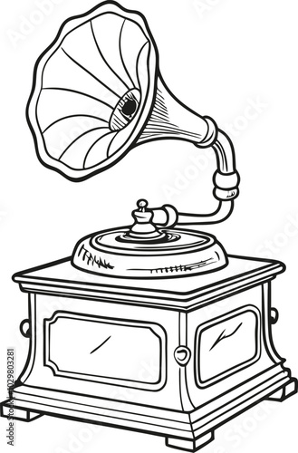 Vintage Gramophone Outline Illustration - Retro Music Device Vector