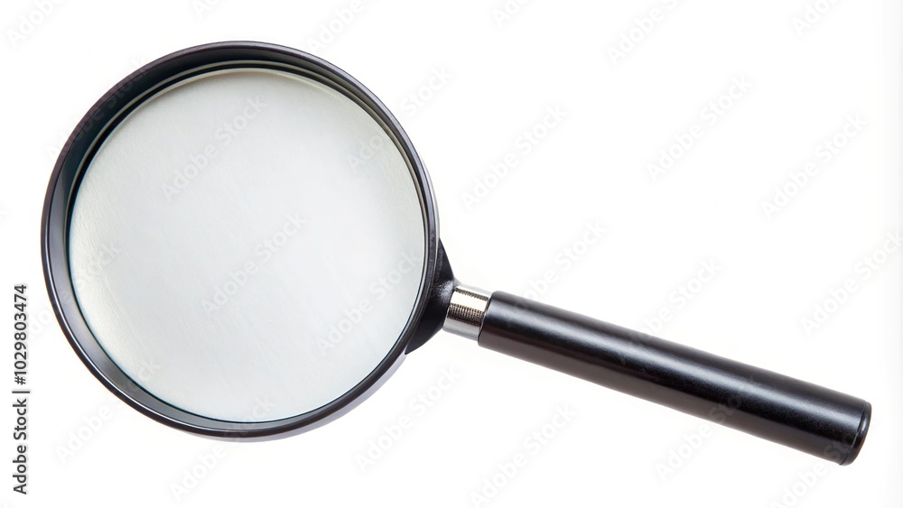 Round magnifying glass in black frame with handle isolated on white background Round magnifying glass in black frame with handle isolated on white background