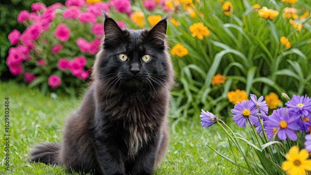 Black maine coon cat in flower field Black maine coon cat in flower field