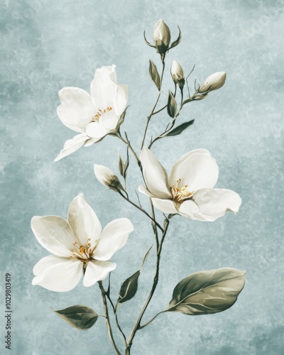 Vintage Inspired Floral Illustration on Soft Blue Background