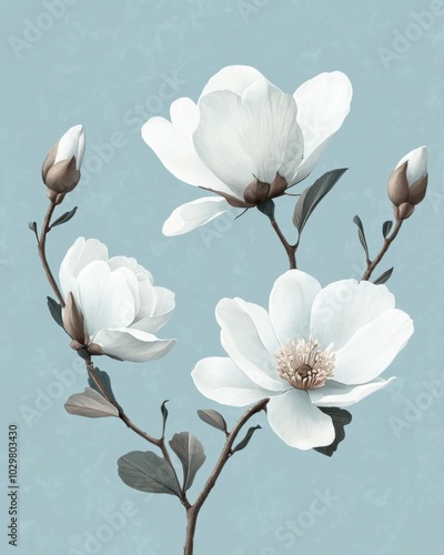 Vintage Inspired Floral Illustration on Soft Blue Background