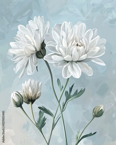 Vintage Inspired Floral Illustration on Soft Blue Background