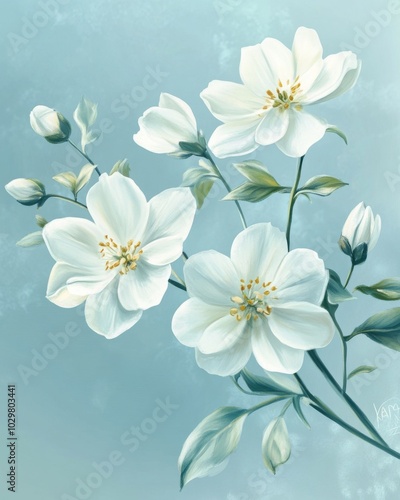 Vintage Inspired Floral Illustration on Soft Blue Background
