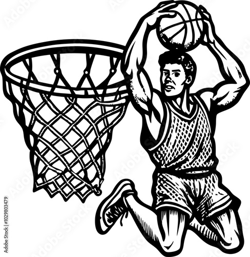 Dynamic Basketball Dunk: Retro Style Vector Illustration of Player in Action