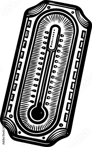 Vintage Thermometer Illustration in Black and White - Retro Temperature Gauge Art