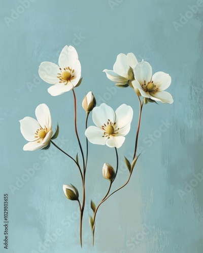 Vintage Inspired Floral Illustration on Soft Blue Background