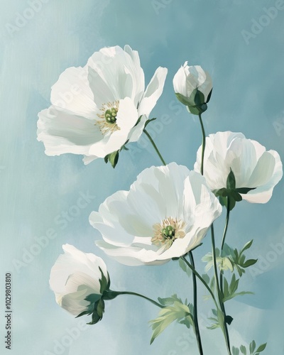 Vintage Inspired Floral Illustration on Soft Blue Background