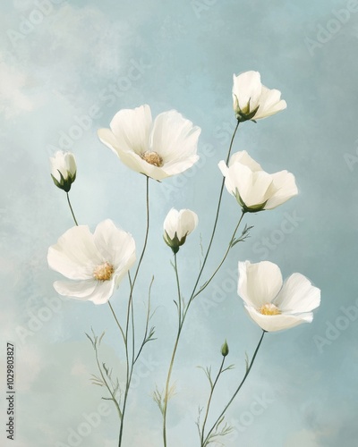 Vintage Inspired Floral Illustration on Soft Blue Background