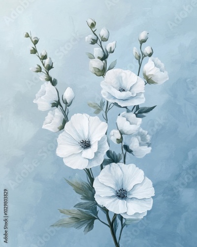 Vintage Inspired Floral Illustration on Soft Blue Background
