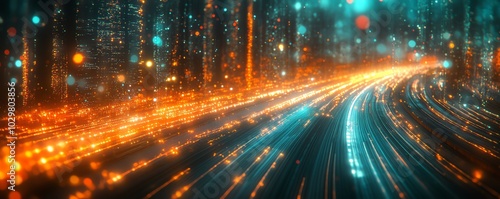 Abstract image of an information highway with cascading streams of light, highlighting the concept of a fastpaced digital landscape photo